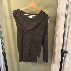 Army green sweater with elbow patches high low scoop neck